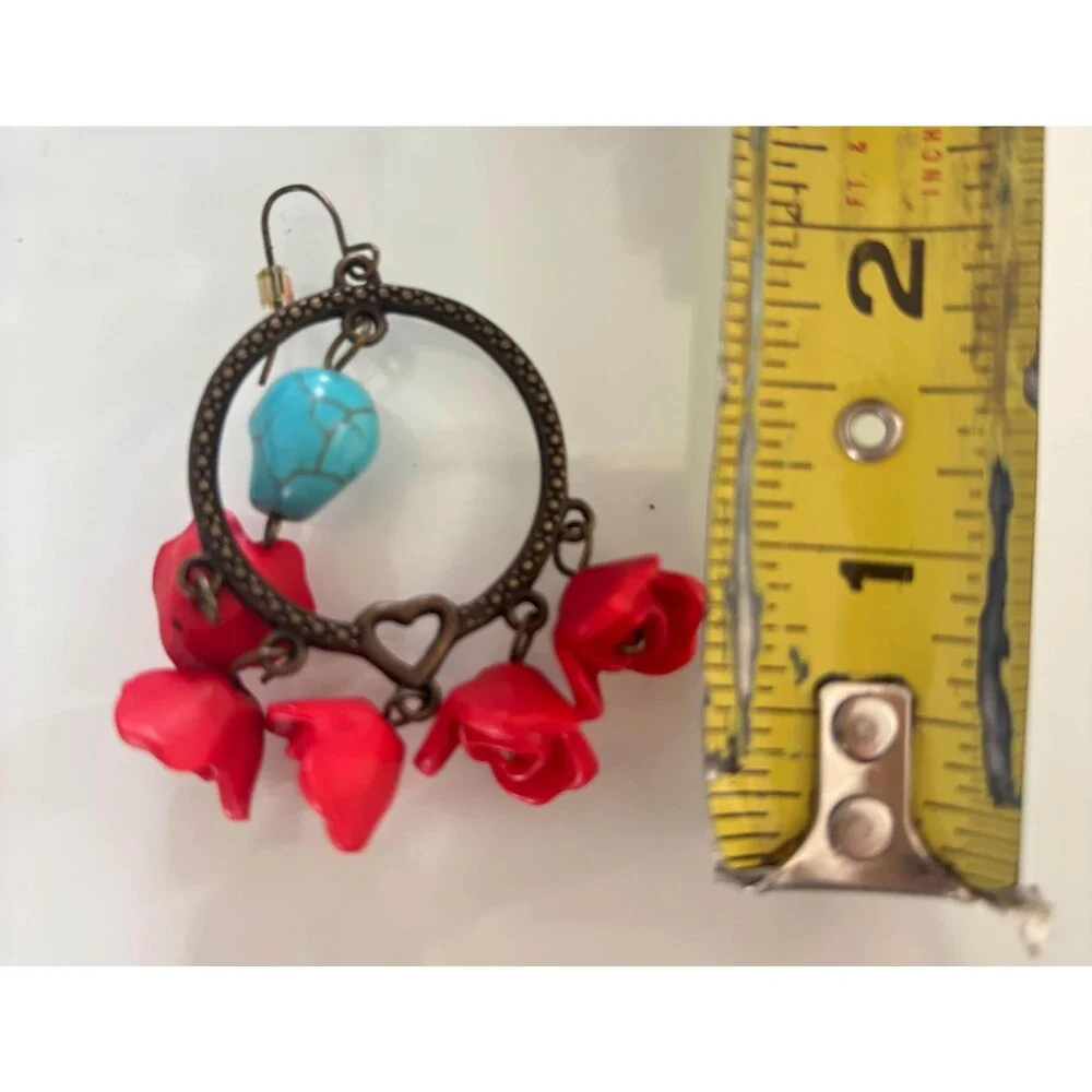 Vintage Skull Hoop Earrings Red Rose Turquoise Dangle Boho Gothic